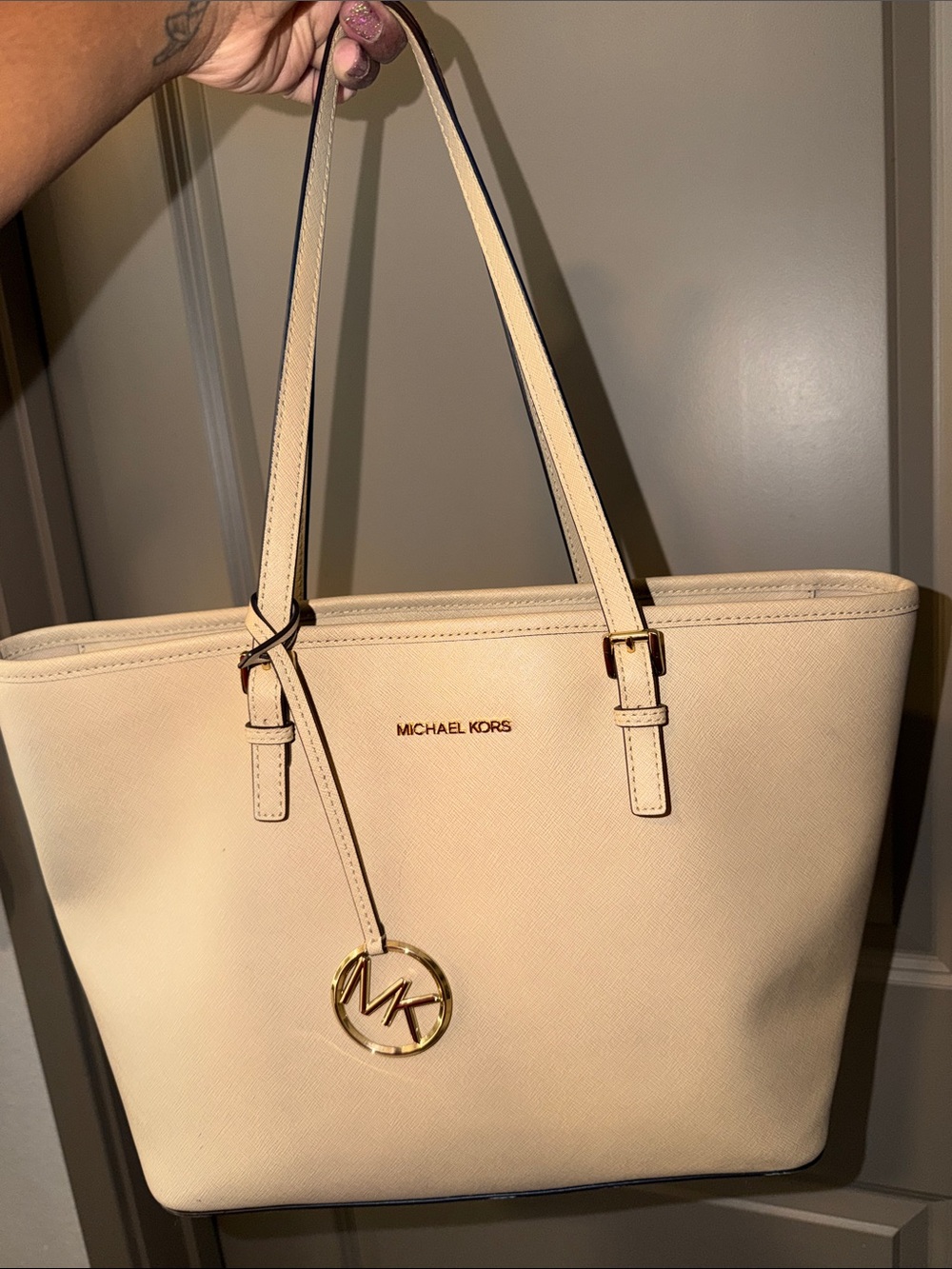 Michael Kors Cream Saffiano Tote with Gold MK Charm